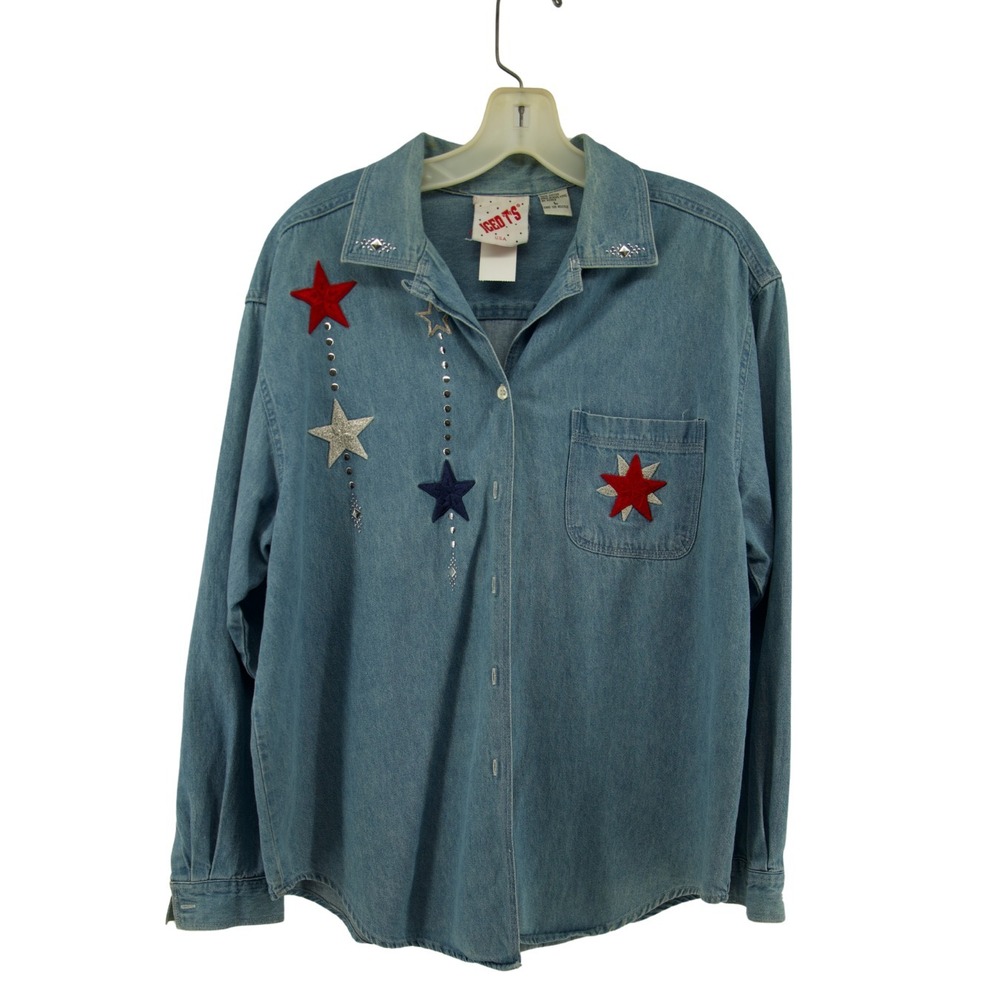 Vintage Iced T's Denim Shirt Womens‎ L Star Patch Button Down Patriotic (flaw)